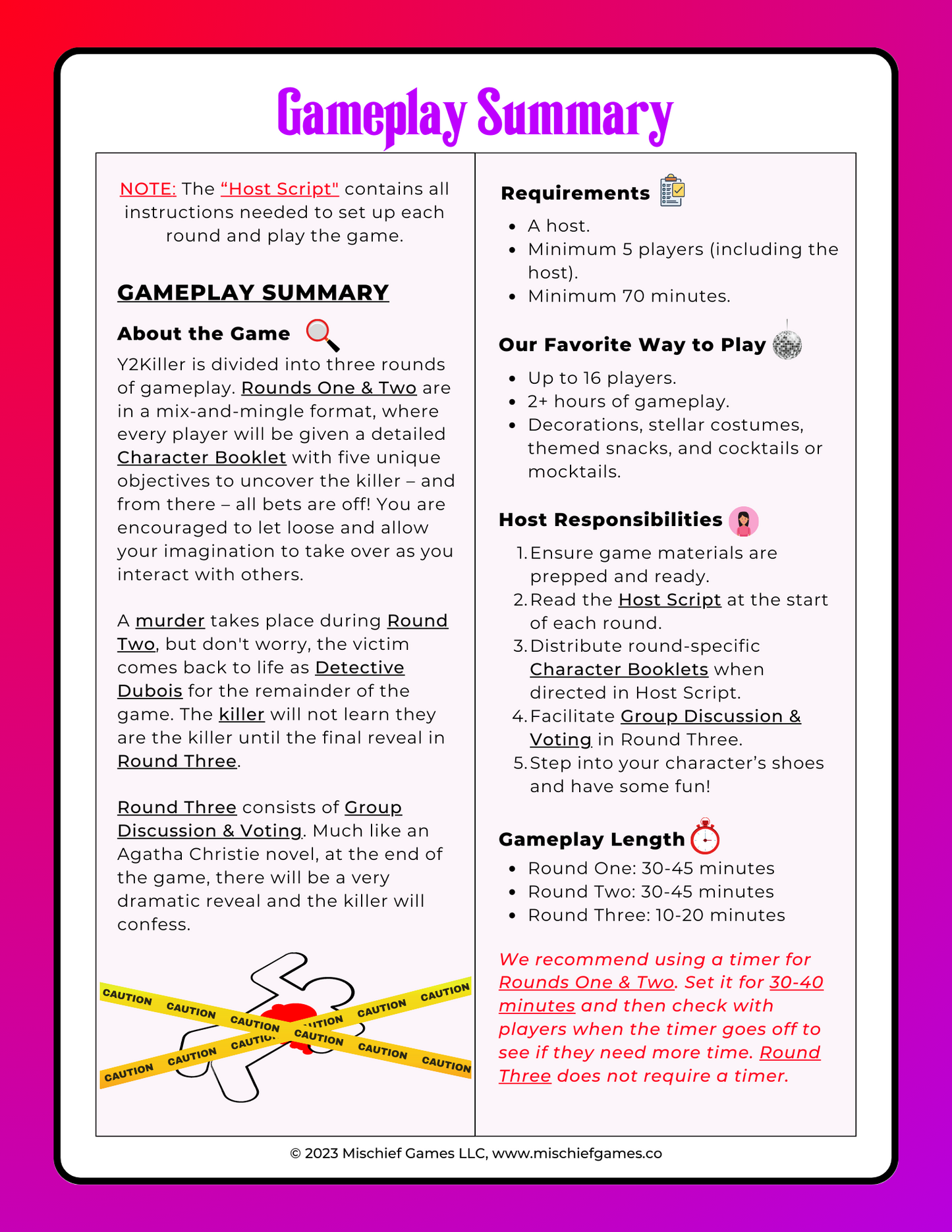 Quick summary for how to play a murder mystery game party